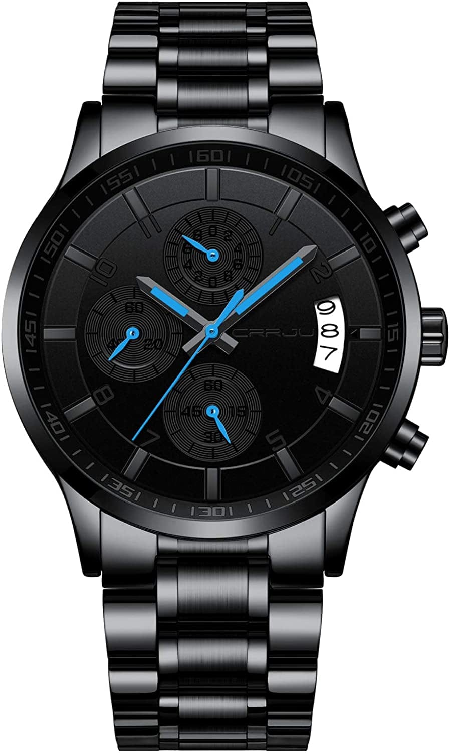 Men'S Fashion Stainless Steel Watches Date Waterproof Chronograph Wristwatches,Stainsteel Steel Band Waterproof Watch grey blue