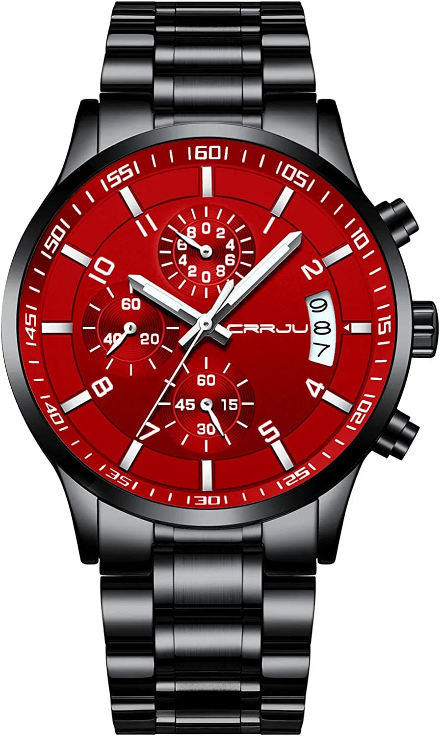 Men'S Fashion Stainless Steel Watches Date Waterproof Chronograph Wristwatches,Stainsteel Steel Band Waterproof Watch black red