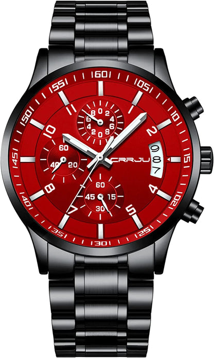 Men'S Fashion Stainless Steel Watches Date Waterproof Chronograph Wristwatches,Stainsteel Steel Band Waterproof Watch black red