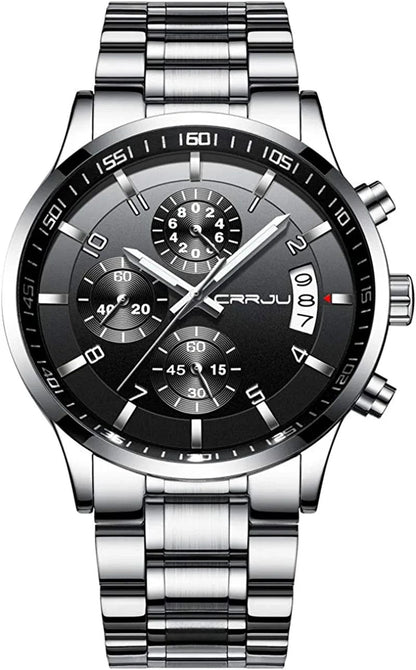 Men'S Fashion Stainless Steel Watches Date Waterproof Chronograph Wristwatches,Stainsteel Steel Band Waterproof Watch silver black