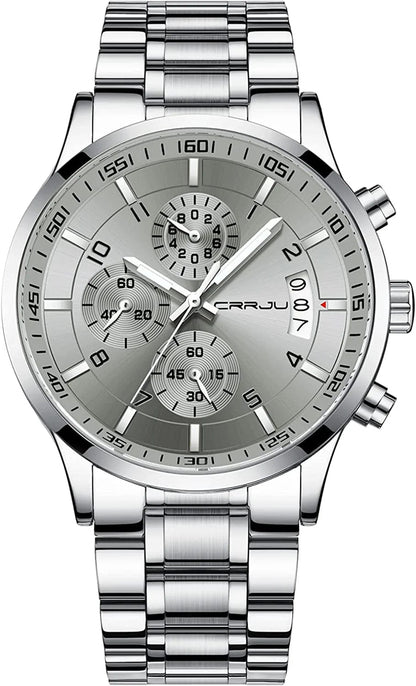 Men'S Fashion Stainless Steel Watches Date Waterproof Chronograph Wristwatches,Stainsteel Steel Band Waterproof Watch silver grey