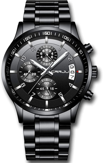 Men'S Fashion Stainless Steel Watches Date Waterproof Chronograph Wristwatches,Stainsteel Steel Band Waterproof Watch Black Black