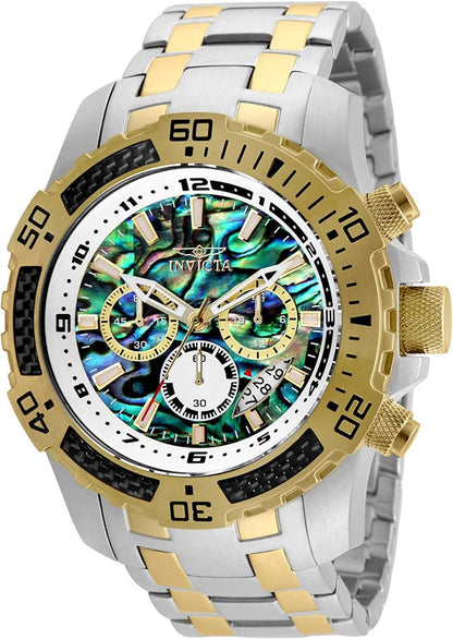 Men'S Pro Diver Scuba Quartz Chronograph Carbon Fiber Bezel Abalone Dial Bracelet Watch, 50Mm two tone