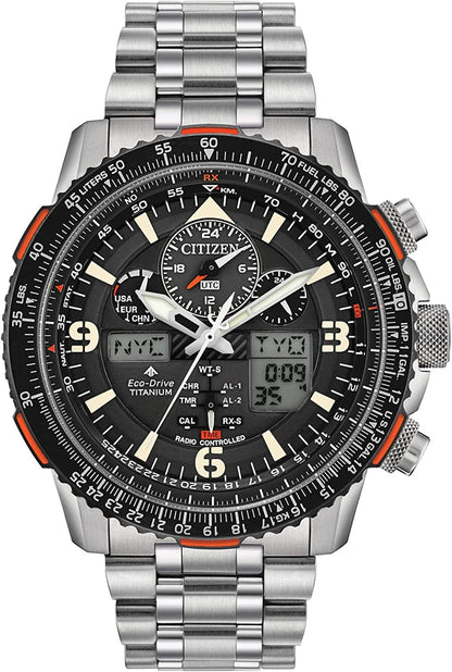 Men'S Promaster Skyhawk A-T Eco-Drive Aviator Watch Silver Bracelet, Black Dial