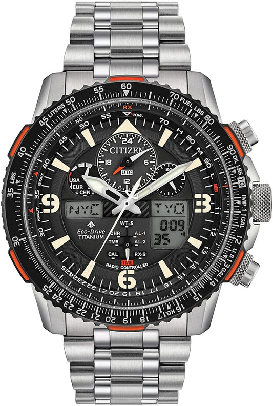 Men'S Promaster Skyhawk A-T Eco-Drive Aviator Watch Silver Bracelet, Black Dial