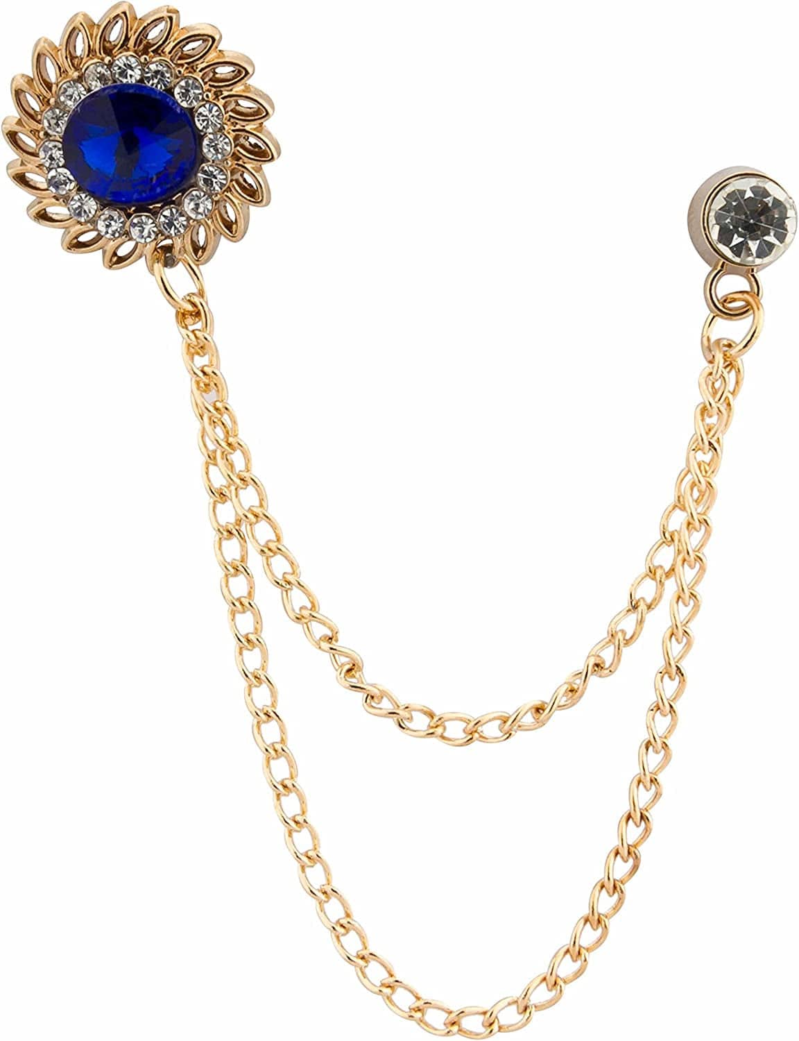 Men'S Royal Blue Stone with Inspired Swarovski Detailing Hanging Chain Lapel Pin/Brooch Golden