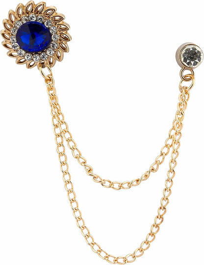 Men'S Royal Blue Stone with Inspired Swarovski Detailing Hanging Chain Lapel Pin/Brooch Golden