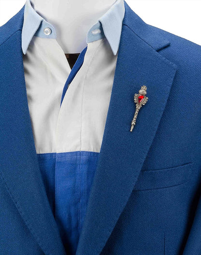 Men'S Silver Key with Red Stone and Swarovski Detailing Lapel Pin / Brooch Silver