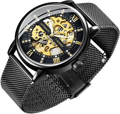 Men'S Skeleton Watch Classic Roman Numeral Steampunk Mechanical Watch Hand-Wind Mens Watches (Blue) black gold