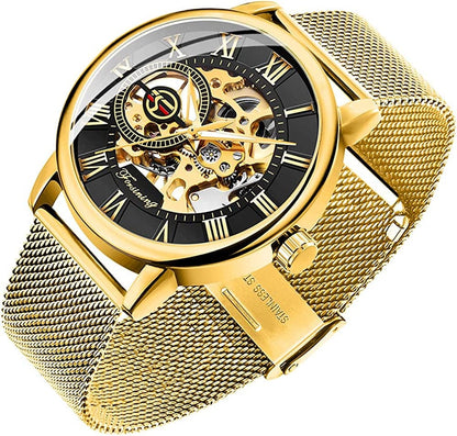 Men'S Skeleton Watch Classic Roman Numeral Steampunk Mechanical Watch Hand-Wind Mens Watches (Blue) gold&black