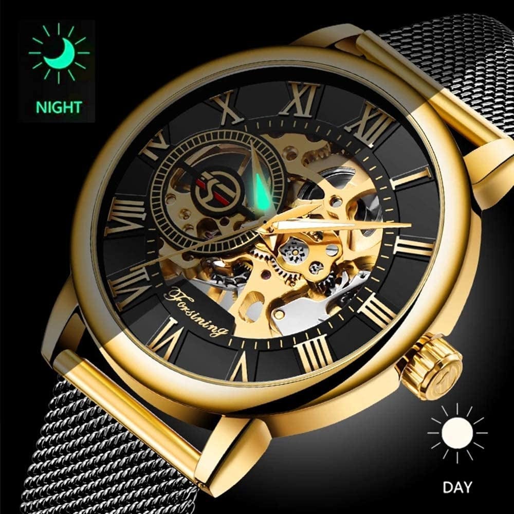 Men'S Skeleton Watch Classic Roman Numeral Steampunk Mechanical Watch Hand-Wind Mens Watches (Blue)
