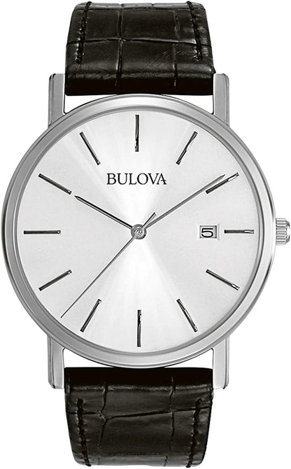 Men'S Stainless Steel 3-Hand Calendar Date Quartz Watch with Black Leather Strap Style: 96B104