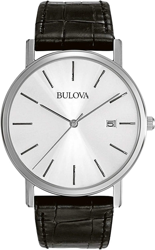 Men'S Stainless Steel 3-Hand Calendar Date Quartz Watch with Black Leather Strap Style: 96B104