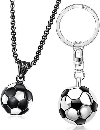 Men'S Stainless Steel Soccer Pendant Necklace 3D Soccer Football Hip Hop Jewelry Set Charm Necklace with Keychain Soccer Fan Gift for Boys Mens Girls Womens（Nl000001） Black