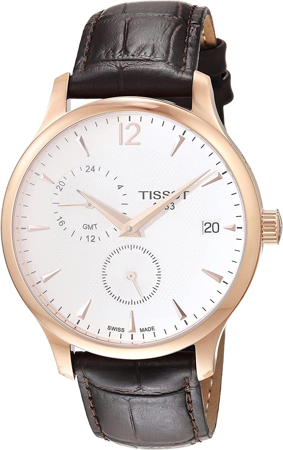 Men'S Tradition GMT Stainless Steel Quartz Watch with Leather Strap, Brown, 20 (Model: T0636393603700)