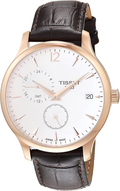 Men'S Tradition GMT Stainless Steel Quartz Watch with Leather Strap, Brown, 20 (Model: T0636393603700)