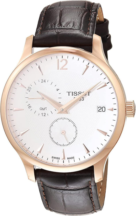 Men'S Tradition GMT Stainless Steel Quartz Watch with Leather Strap, Brown, 20 (Model: T0636393603700)
