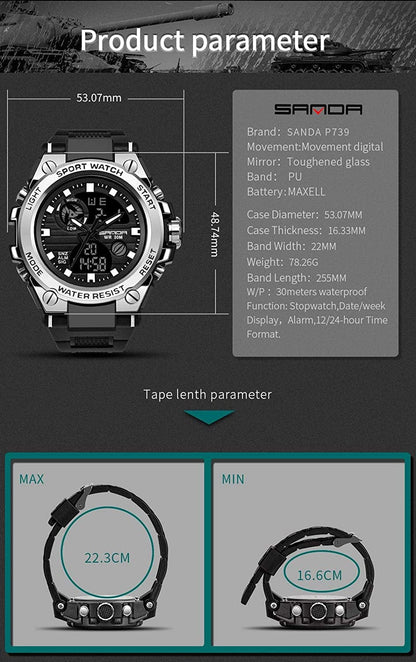 Men'S Watches Sports Outdoor Waterproof Military Watch Date Multi Function Tactics LED Alarm Stopwatch