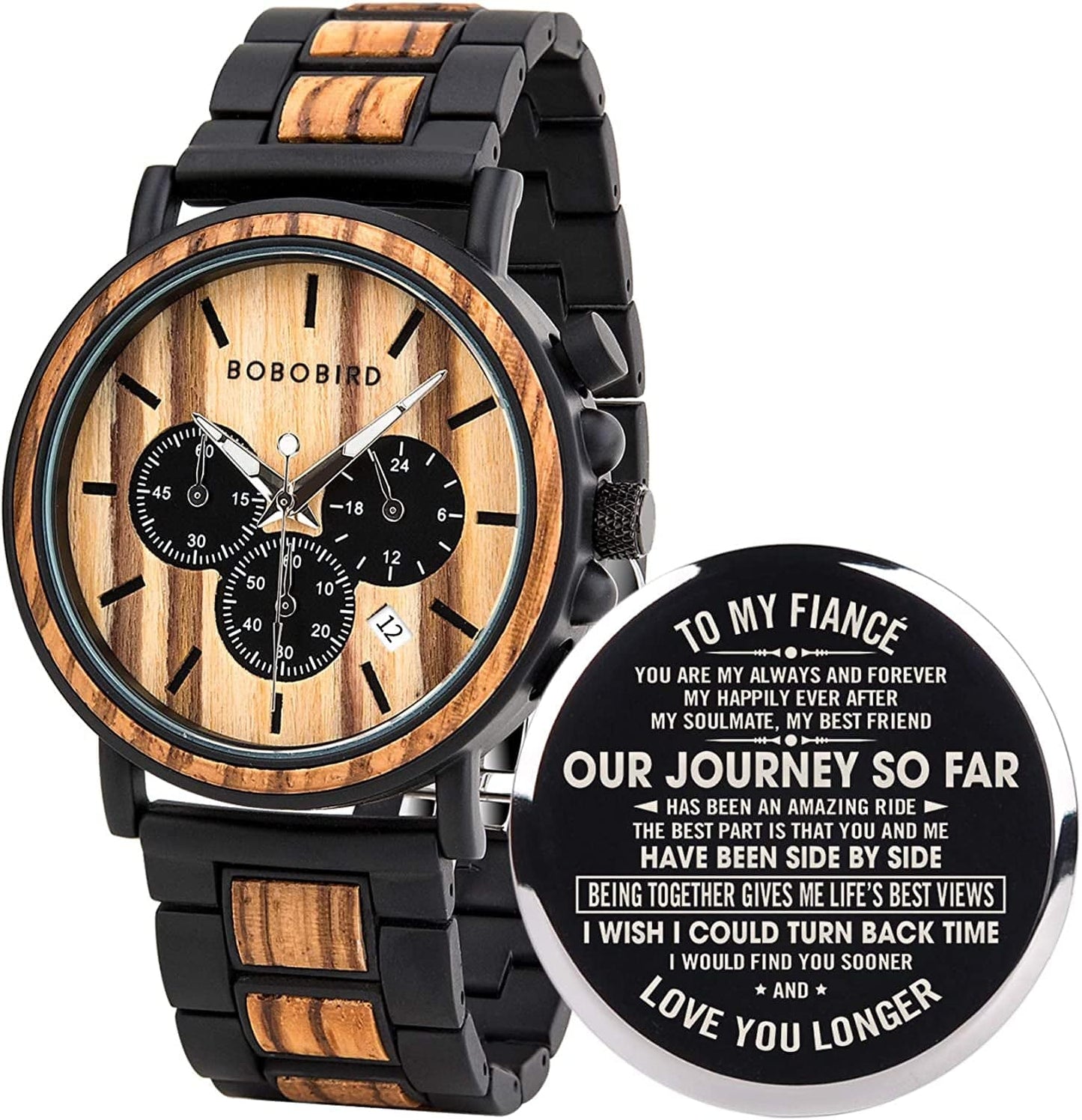Mens Personalized Engraved Wooden Watches, Stylish Wood & Stainless Steel Combined Quartz Casual Wristwatches for Men Family Friends Customized Watch A-For fiance