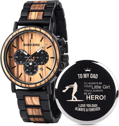 Mens Personalized Engraved Wooden Watches, Stylish Wood & Stainless Steel Combined Quartz Casual Wristwatches for Men Family Friends Customized Watch b-For Dad From Daughter
