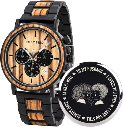 Mens Personalized Engraved Wooden Watches, Stylish Wood & Stainless Steel Combined Quartz Casual Wristwatches for Men Family Friends Customized Watch B-For Husband