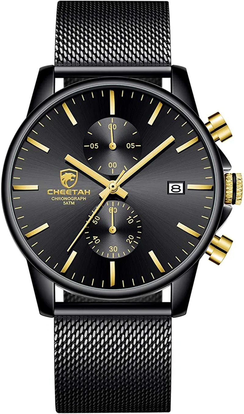 Mens Watch Fashion Sleek Minimalist Quartz Analog Mesh Stainless Steel Waterproof Chronograph Watches for Men with Auto Date new black gold