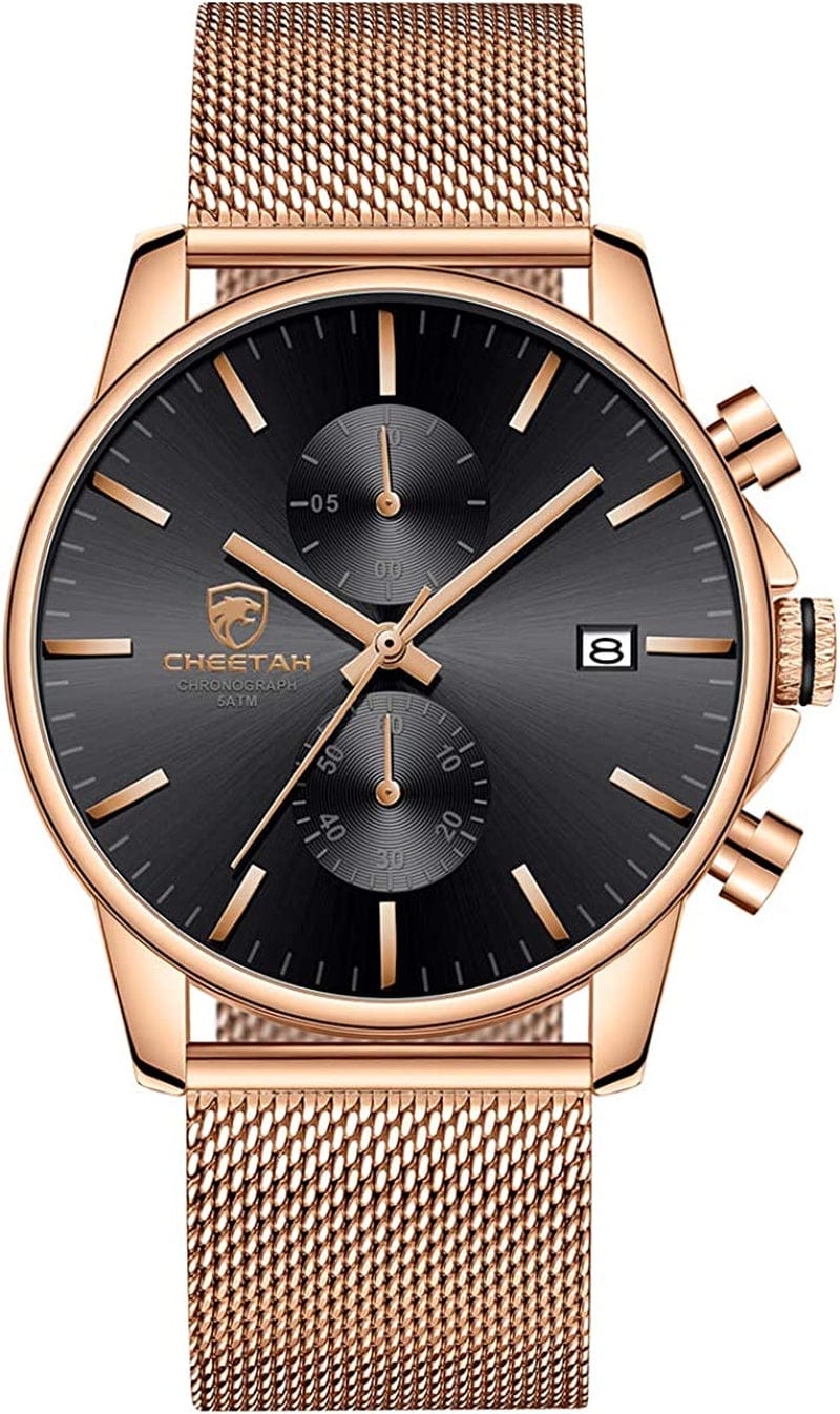Mens Watch Fashion Sleek Minimalist Quartz Analog Mesh Stainless Steel Waterproof Chronograph Watches for Men with Auto Date rose gold black