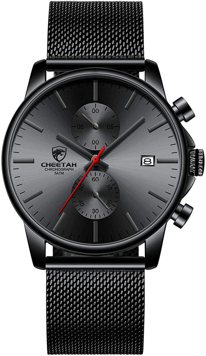 Mens Watch Fashion Sleek Minimalist Quartz Analog Mesh Stainless Steel Waterproof Chronograph Watches for Men with Auto Date red