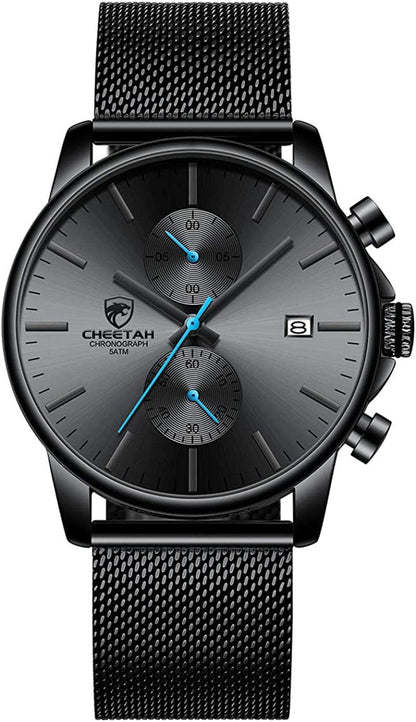 Mens Watch Fashion Sleek Minimalist Quartz Analog Mesh Stainless Steel Waterproof Chronograph Watches for Men with Auto Date blue