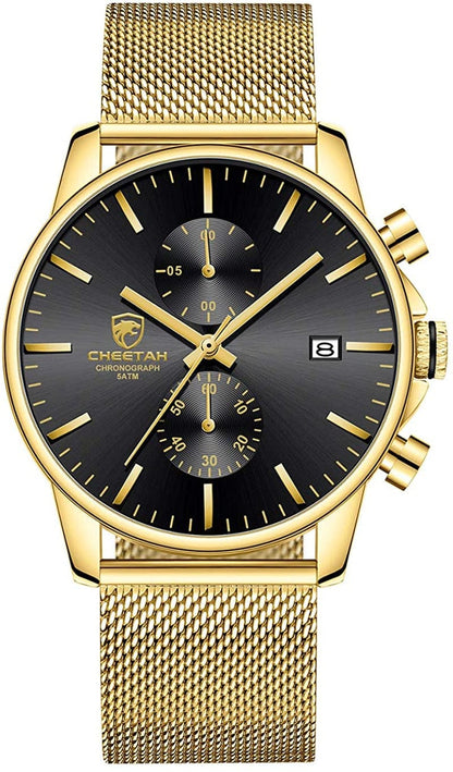 Mens Watch Fashion Sleek Minimalist Quartz Analog Mesh Stainless Steel Waterproof Chronograph Watches for Men with Auto Date gold/black