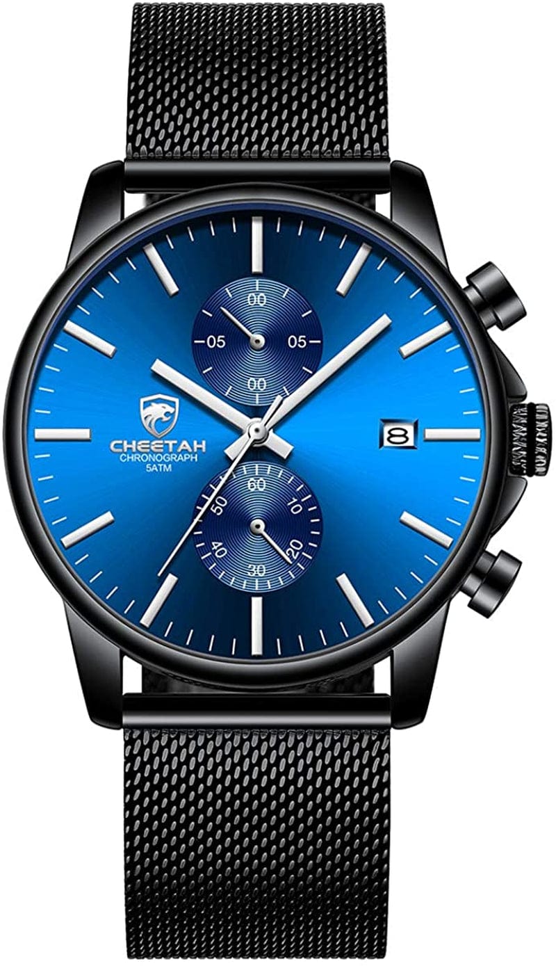 Mens Watch Fashion Sleek Minimalist Quartz Analog Mesh Stainless Steel Waterproof Chronograph Watches for Men with Auto Date dark blue