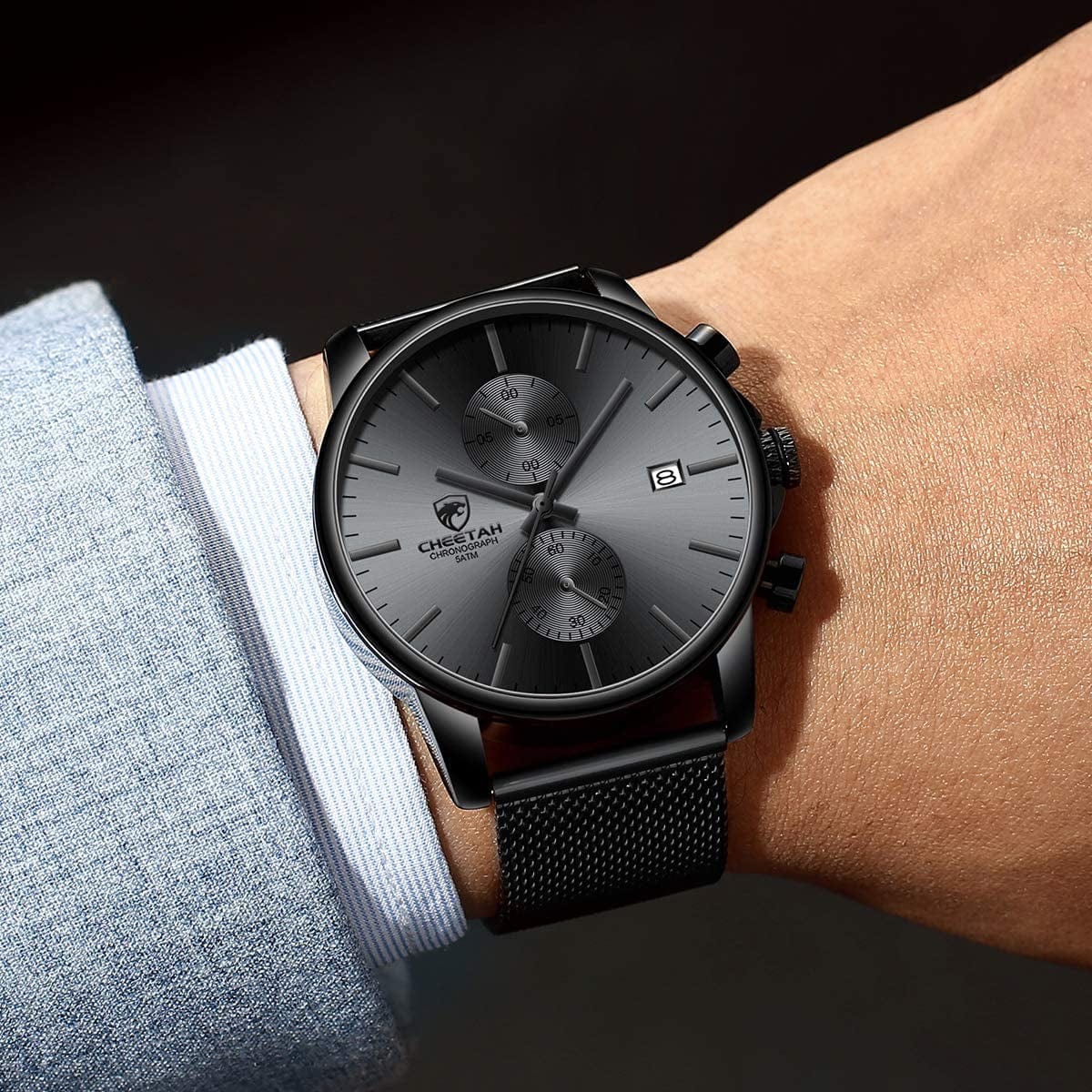 Mens Watch Fashion Sleek Minimalist Quartz Analog Mesh Stainless Steel Waterproof Chronograph Watches for Men with Auto Date