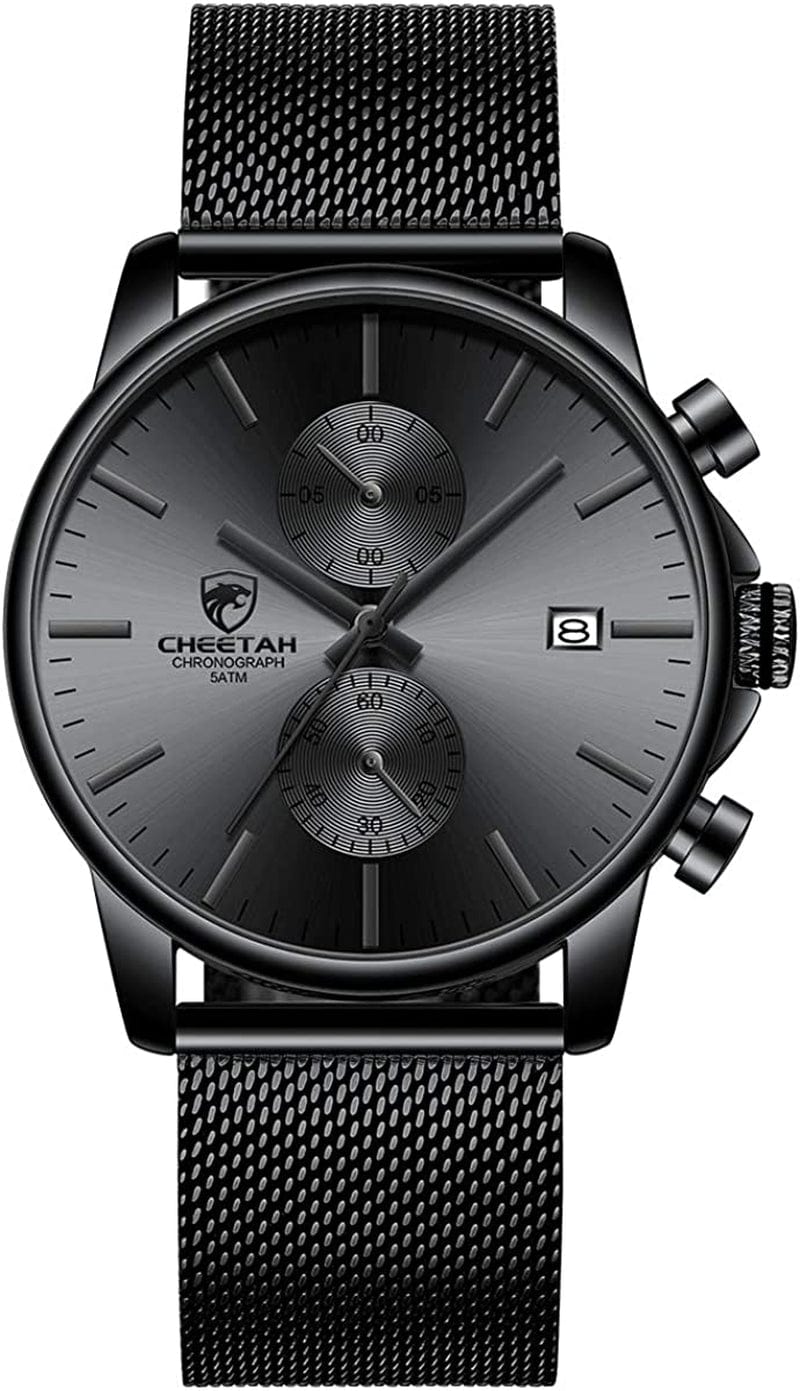 Mens Watch Fashion Sleek Minimalist Quartz Analog Mesh Stainless Steel Waterproof Chronograph Watches for Men with Auto Date black
