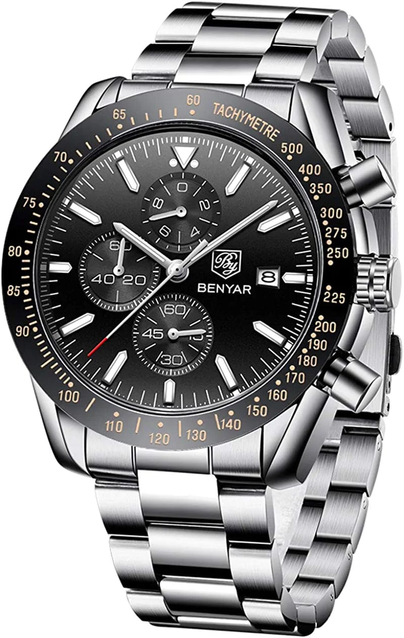 Mens Watches by BENYAR Chronograph Analog Quartz Movement Stylish Sports Designer Wrist Watch 30M Waterproof Elegant Gift Watch for Men Silver Black