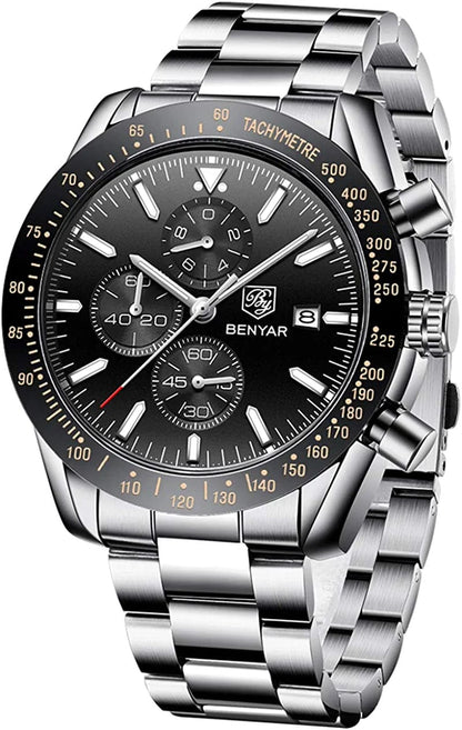 Mens Watches by BENYAR Chronograph Analog Quartz Movement Stylish Sports Designer Wrist Watch 30M Waterproof Elegant Gift Watch for Men Silver Black