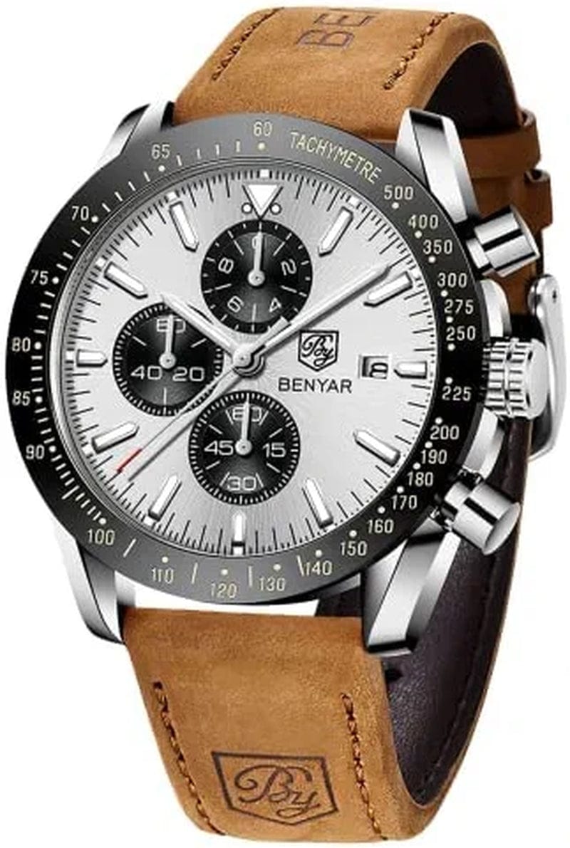 Mens Watches by BENYAR Chronograph Analog Quartz Movement Stylish Sports Designer Wrist Watch 30M Waterproof Elegant Gift Watch for Men White