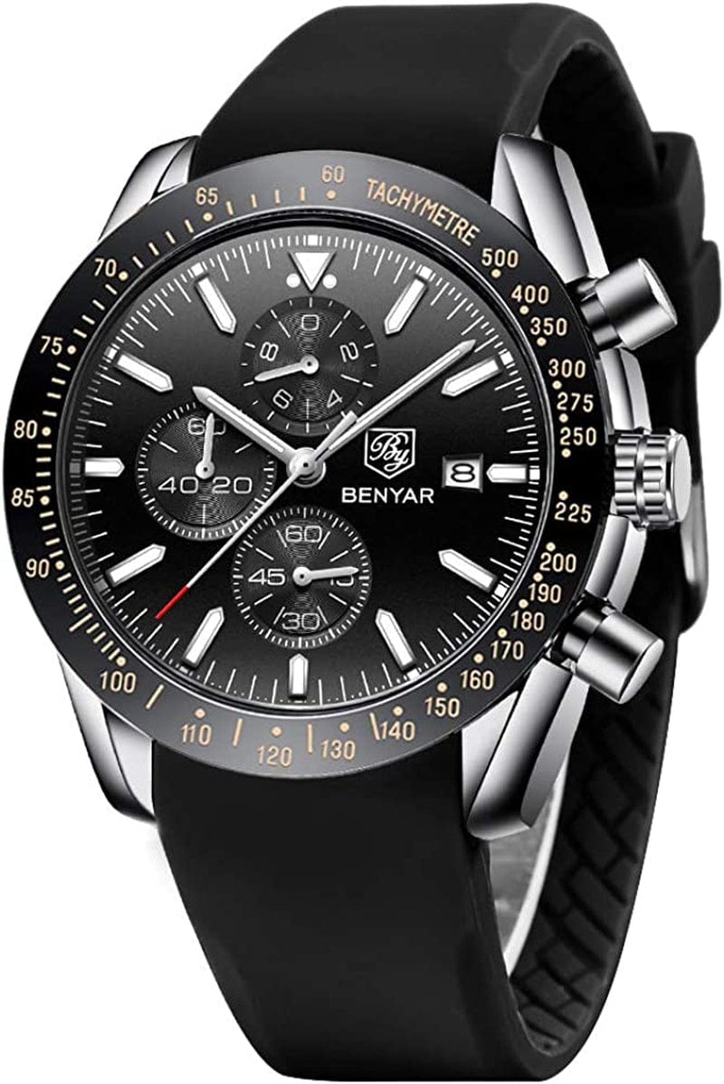 Mens Watches by BENYAR Chronograph Analog Quartz Movement Stylish Sports Designer Wrist Watch 30M Waterproof Elegant Gift Watch for Men Black Siliver Black