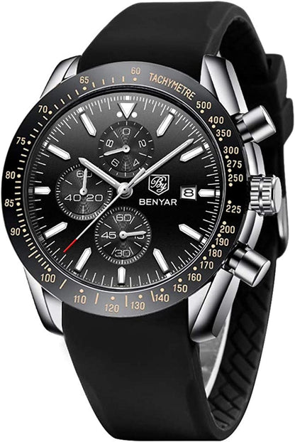 Mens Watches by BENYAR Chronograph Analog Quartz Movement Stylish Sports Designer Wrist Watch 30M Waterproof Elegant Gift Watch for Men Black Siliver Black