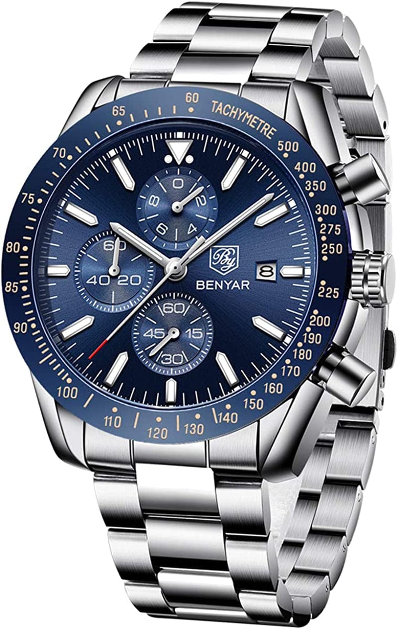 Mens Watches by BENYAR Chronograph Analog Quartz Movement Stylish Sports Designer Wrist Watch 30M Waterproof Elegant Gift Watch for Men Silver