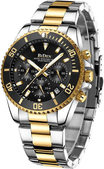 Mens Watches Chronograph Stainless Steel Waterproof Date Analog Quartz Watch Business Wrist Watches for Men A7-Black