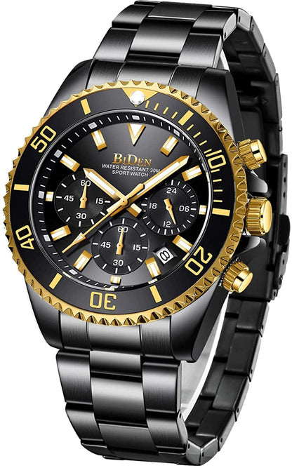 Mens Watches Chronograph Stainless Steel Waterproof Date Analog Quartz Watch Business Wrist Watches for Men Black gold