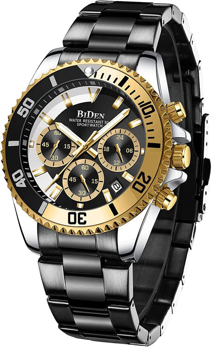 Mens Watches Chronograph Stainless Steel Waterproof Date Analog Quartz Watch Business Wrist Watches for Men Black f