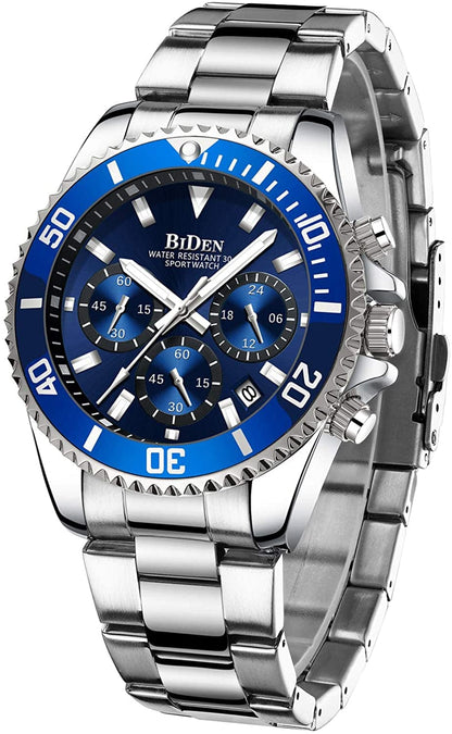 Mens Watches Chronograph Stainless Steel Waterproof Date Analog Quartz Watch Business Wrist Watches for Men A3-Silver blue Gold d
