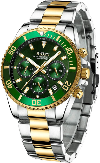 Mens Watches Chronograph Stainless Steel Waterproof Date Analog Quartz Watch Business Wrist Watches for Men A4-Gold Green Silver a