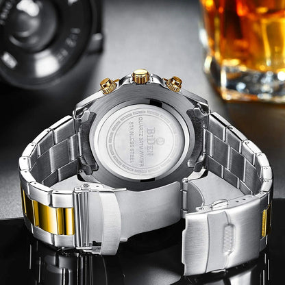 Mens Watches Chronograph Stainless Steel Waterproof Date Analog Quartz Watch Business Wrist Watches for Men