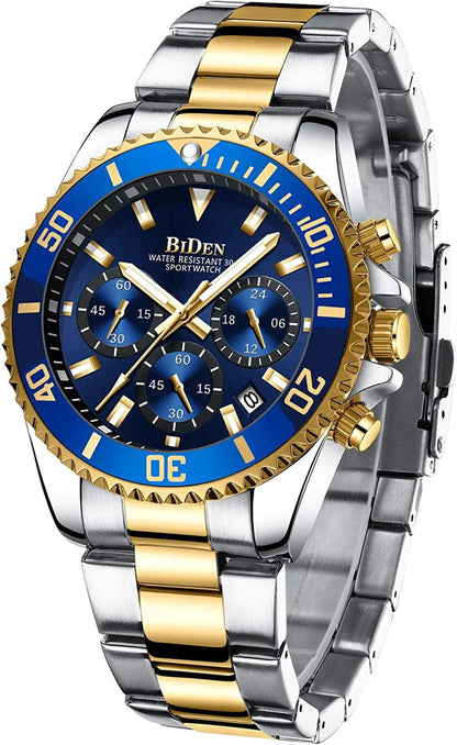 Mens Watches Chronograph Stainless Steel Waterproof Date Analog Quartz Watch Business Wrist Watches for Men A1-bule