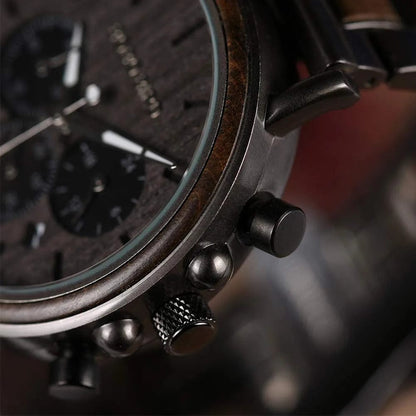 Mens Wooden Watches Business Casual Wristwatches Stylish Ebony Wood & Stainless Steel Combined Chronograph with Wooden Box (Grey)