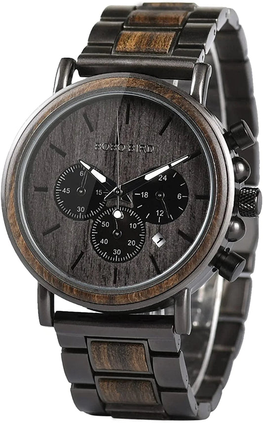 Mens Wooden Watches Business Casual Wristwatches Stylish Ebony Wood & Stainless Steel Combined Chronograph with Wooden Box (Grey)