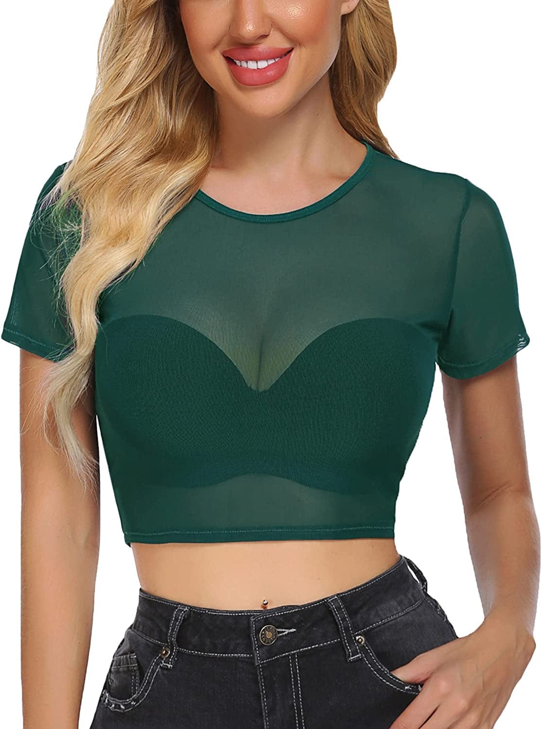 Mesh Crop Top for Women Short Sleeve Bodycon Tees See through Blouse O Neck Clubwear Green / Medium