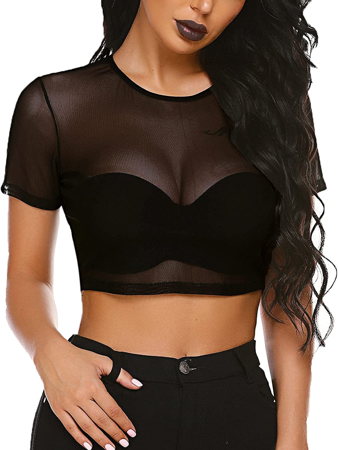 Mesh Crop Top for Women Short Sleeve Bodycon Tees See through Blouse O Neck Clubwear Black / Medium